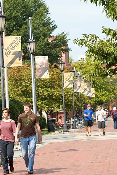 students walking on Linden Street
