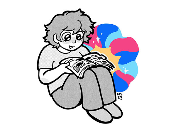 Black and white illustration of a person sitting cross-legged, happily reading a comic, with colorful swirls of imagination behind them