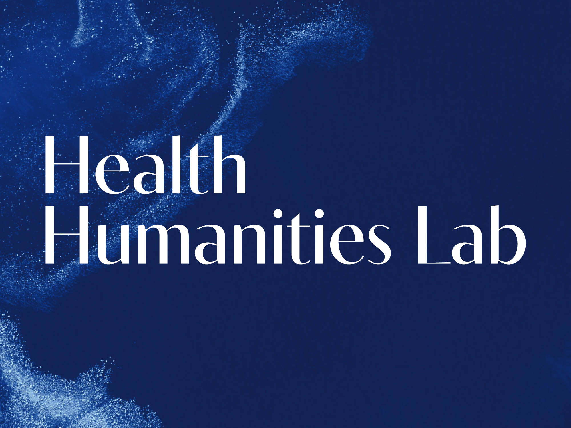White text reading 'Health Humanities Lab' on a dark blue background with swirling light blue particles.