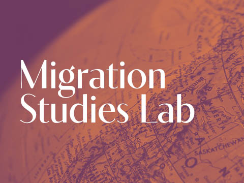 White text reading 'Migration Studies Lab' on a purplish-brown background with an image of a globe