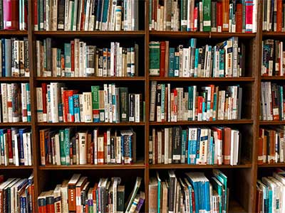 assorted books on shelves at a library