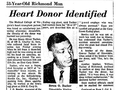 Newspaper article title reads: Heart Donor Identified