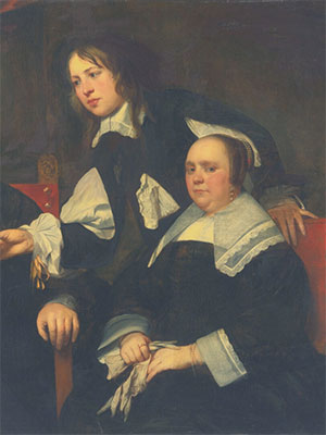 premodern era painting of a seated woman with a young man leaning over her shoulder